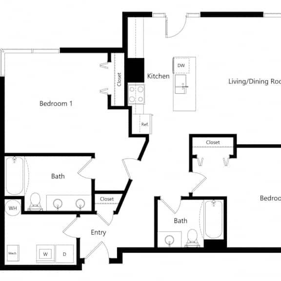 Thumbnail 1 of 10 the two-bedroom Memphis floor plan at Midtown Crossing Apartments in Omaha, NE