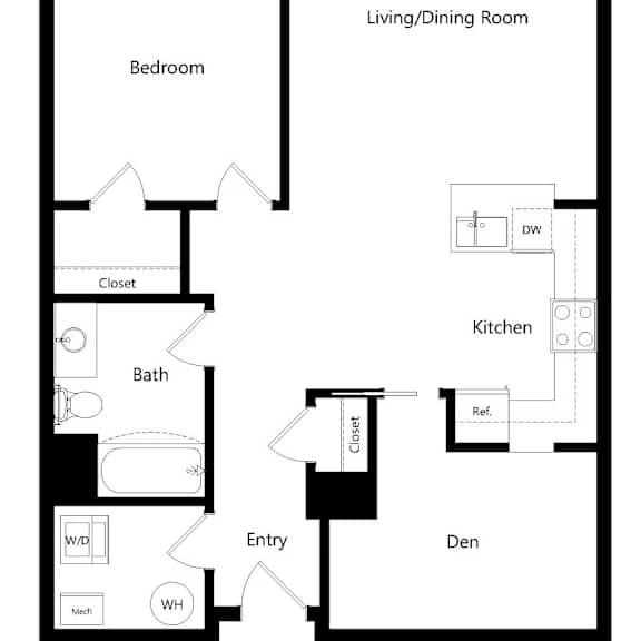 Thumbnail 1 of 8 A floor plan of a small apartment with a living/dining room, kitchen, bedroom, and bathroom.