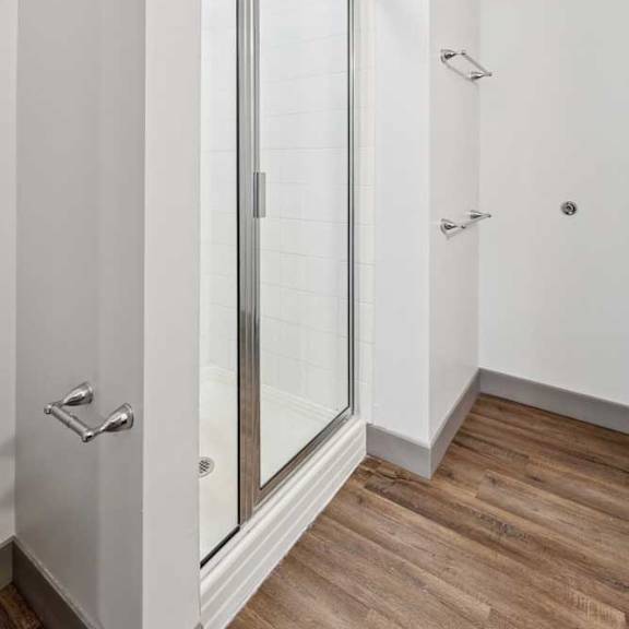 Thumbnail 18 of 19 An attached bathroom featuring a walk-in shower with a glass door.