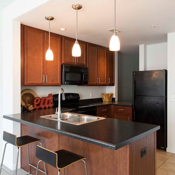 Thumbnail 4 of 8 Spacious full size kitchen with high end appliances and seating at a breakfast bar