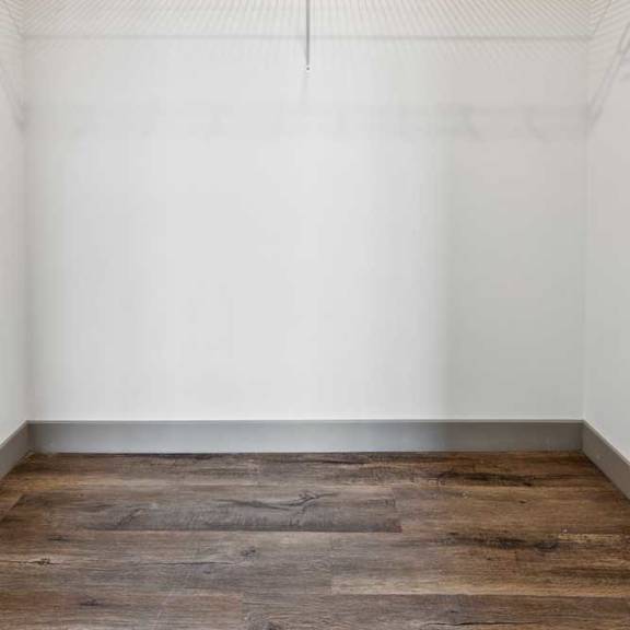 Thumbnail 14 of 16 A walk-in closet with a built-in wire shelf.