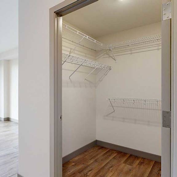 Thumbnail 13 of 24 a walk-in closet with built in shelving in a bedroom with floor to ceiling windows in the background