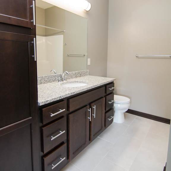 Thumbnail 8 of 14 A bathroom with a sink, toilet, and wooden cabinets.