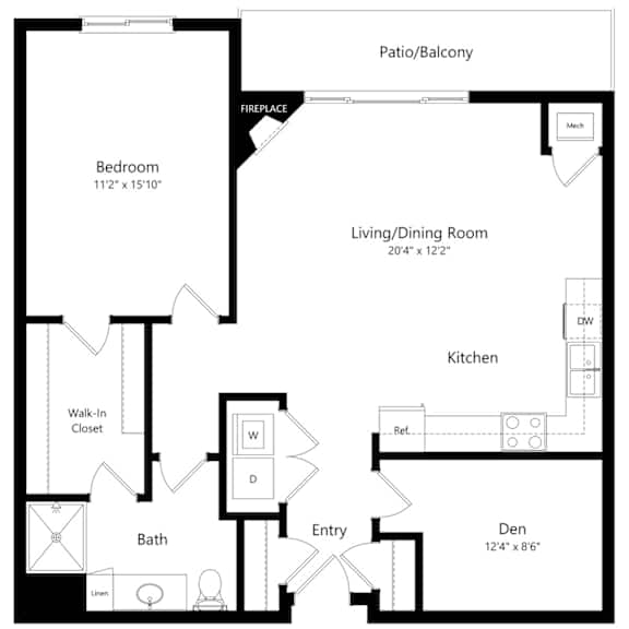 Thumbnail 1 of 19 floor plan of a 1 bedroom apartment with den