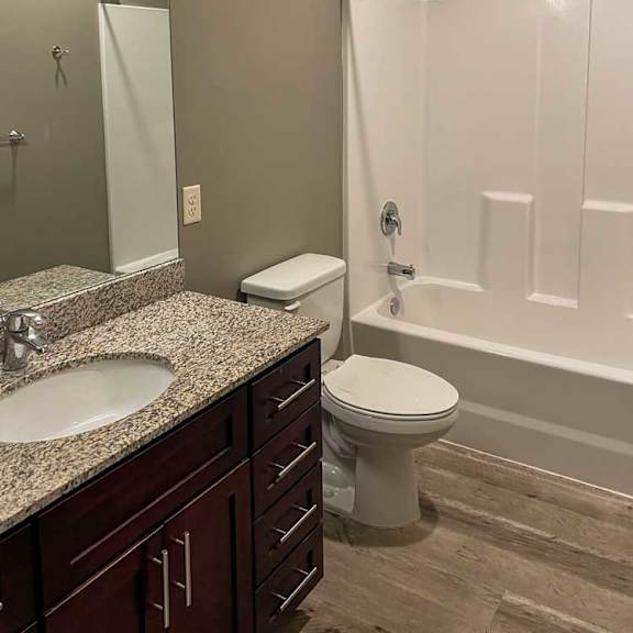 Thumbnail 13 of 13 a bathroom with a granite vanity sink and a tub shower