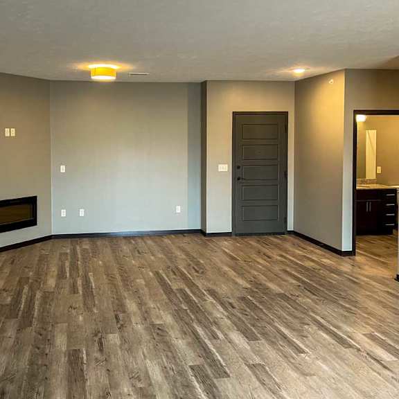Thumbnail 2 of 13 a living room with hardwood flooring, a fireplace, and a hallway with a door to the bathroom