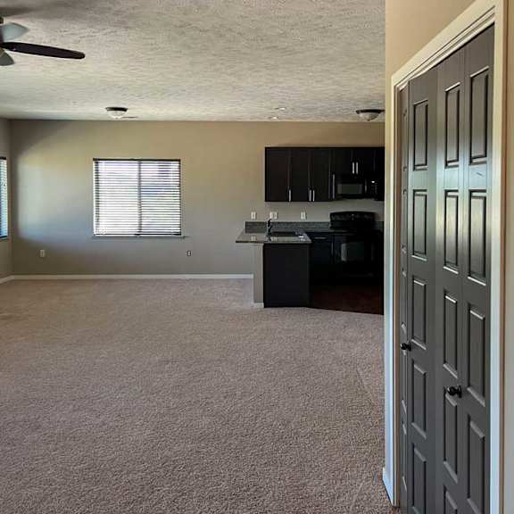 Thumbnail 4 of 15 a living room with carpeted floroing and a double door closet, with the kitchen in the background