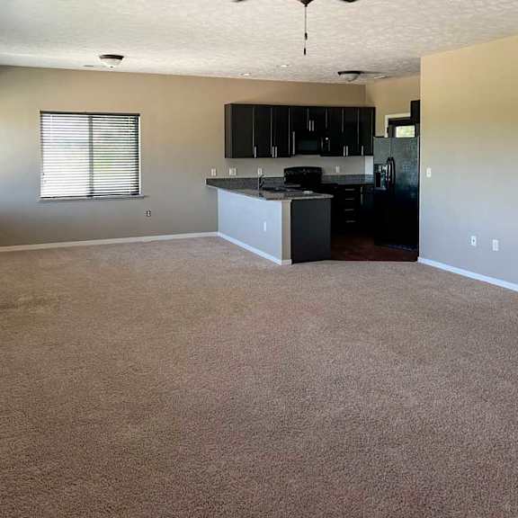 Thumbnail 8 of 15 a living room with carpeted flooring, several windows, a ceiling fan, with the kitchen in the back