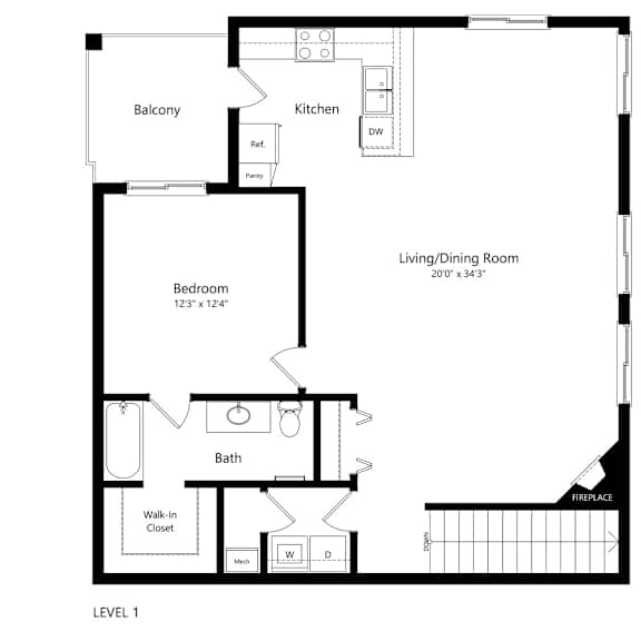 Thumbnail 1 of 15 floor plan of a 1 bedroom apartment with attached garage
