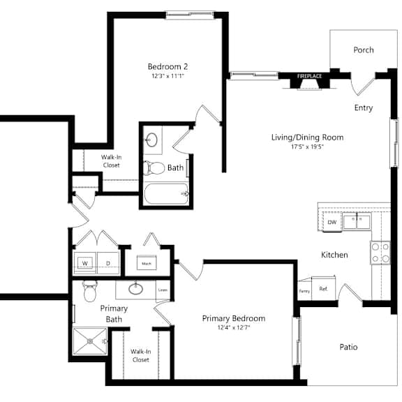 Thumbnail 1 of 13 floor plan of a two bedroom apartment with an open floor plan and garage