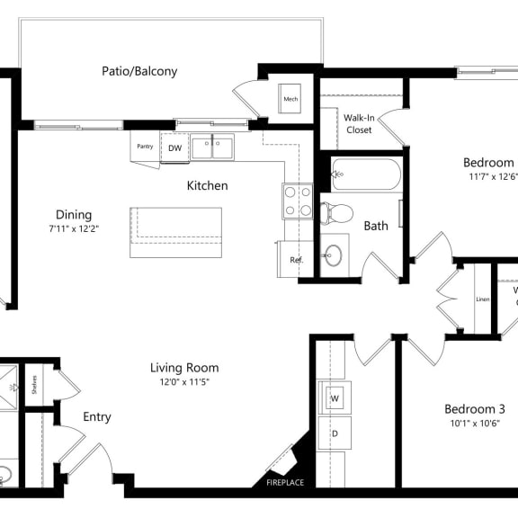 Thumbnail 1 of 19 floor plan of a 3 bedroom apartment