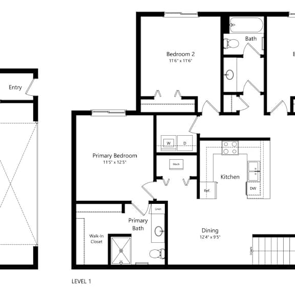 Thumbnail 1 of 14 floor plan of a 3 bedroom apartment with attached garage
