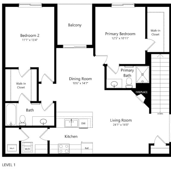 Thumbnail 1 of 25 floor plan of a 2 bedroom apartment with attached garage