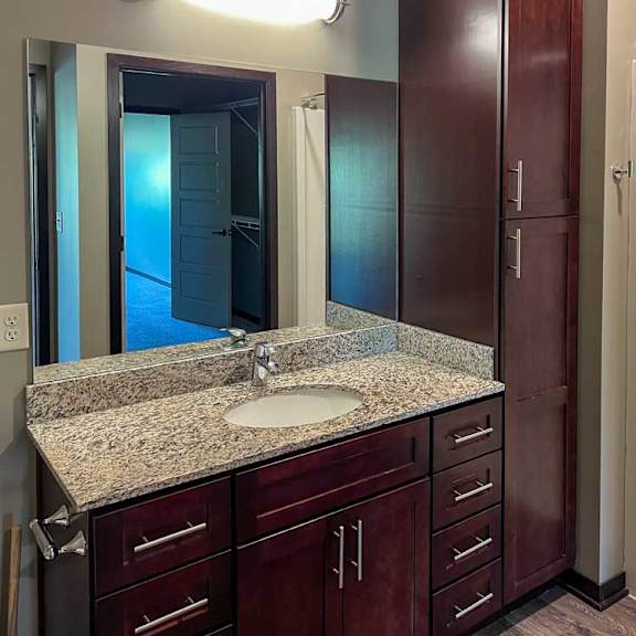 Thumbnail 18 of 19 a bathroom with a granite vanity sink, mirror, tall storage cabinet, and walk-in shower