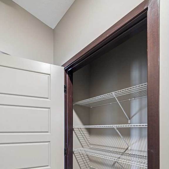 Thumbnail 16 of 16 A pantry with a white door and empty shelves.