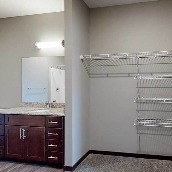 Thumbnail 22 of 51 A walk-in closet connected to the attached bathroom with built-in wire shelving.