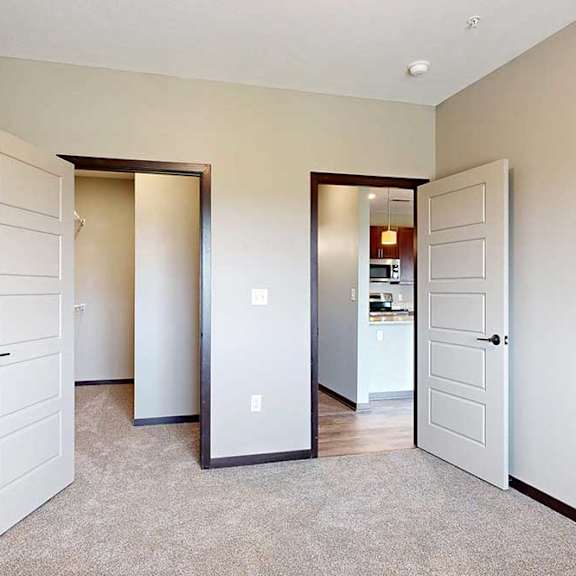 Thumbnail 28 of 51 A bedroom with a door to a large walk-in closet, and a door leading to the hallway.