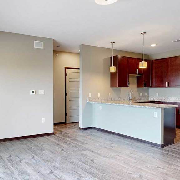 Thumbnail 12 of 51 A spacious living area with neutral walls and wood-style flooring.