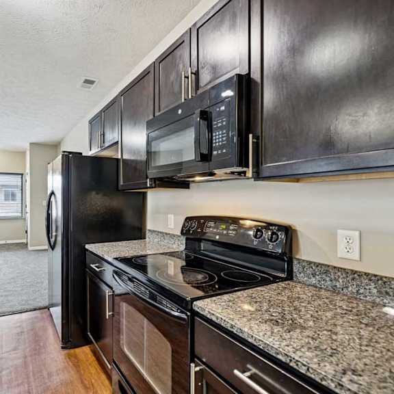 Thumbnail 14 of 25 Modern apartment kitchen with granite countertops, dark cabinetry, black appliances, and an open view into the living area.