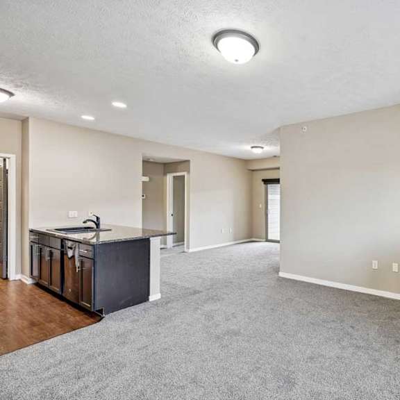 Thumbnail 3 of 25 A spacious living room with a fireplace and a kitchen area in the background.