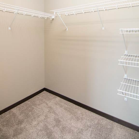Thumbnail 12 of 14 Empty closet with a white shelf and a grey carpet.