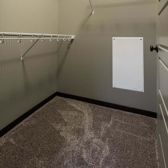 Thumbnail 8 of 9 Empty walk-in closet with shelves and a door.