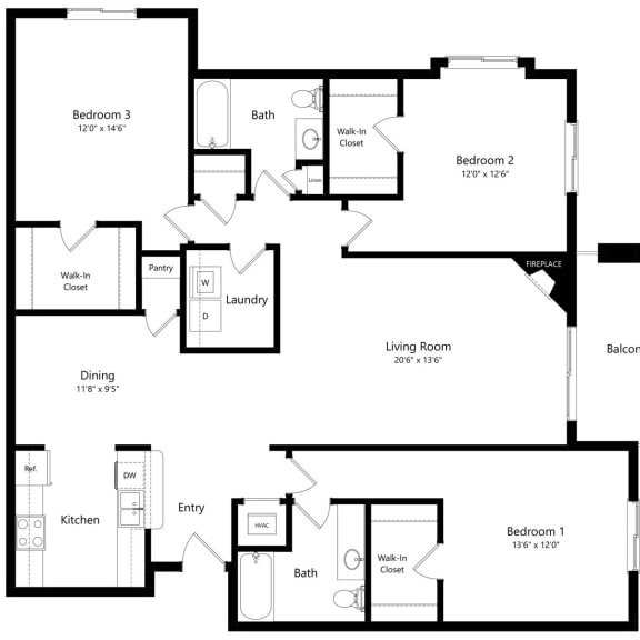 Thumbnail 1 of 27 the 3-bedroom Glacier floorplan at Northbrook apartments in Lincoln, NE