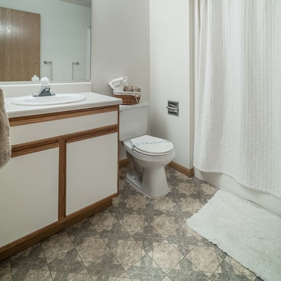 Thumbnail 11 of 14 Bathroom with bright lighting and vanity at The Northbrook Apartment Homes, Lincoln, NE