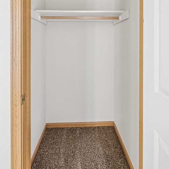 Thumbnail 27 of 28 A white closet with a brown carpeted floor and white shelves.