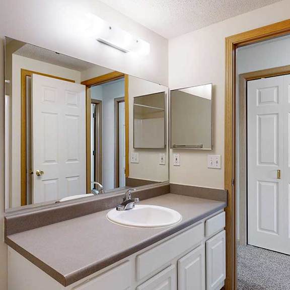 Thumbnail 14 of 31 a bathroom with a wide sink vanity, large mirror, medicine cabinet, and wood trim