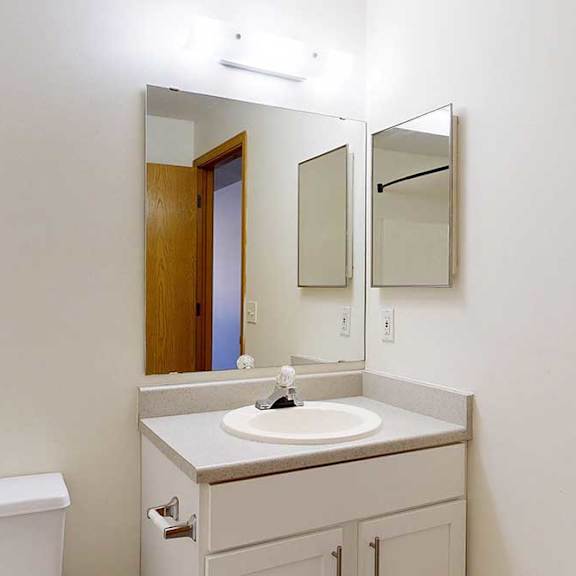 Thumbnail 25 of 29 a bathroom with white cabinets, a large mirror with overhead lighting, and a mirrored medicine cabinet