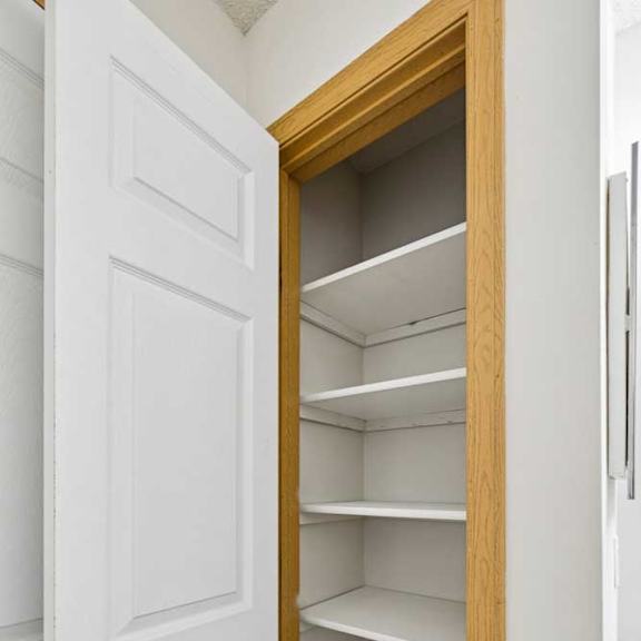 Thumbnail 35 of 48 A white door with a gold handle is open to a pantry with empty shelves.