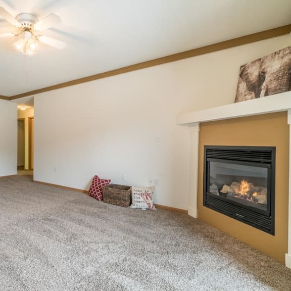 Thumbnail 7 of 17 a living room with a fireplace and a carpeted floor