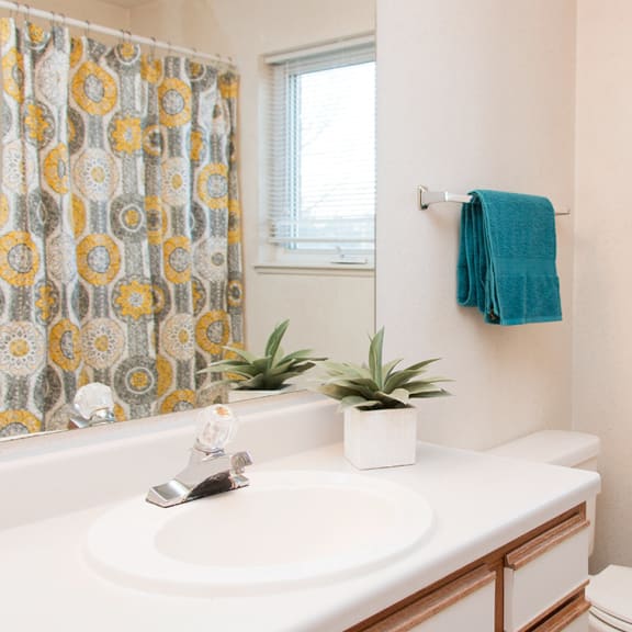 Thumbnail 6 of 7 a bathroom with a sink and a toilet and a shower curtain