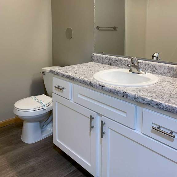 Thumbnail 21 of 21 a bathroom with a wide vanity sink with white cabinets and a mirror