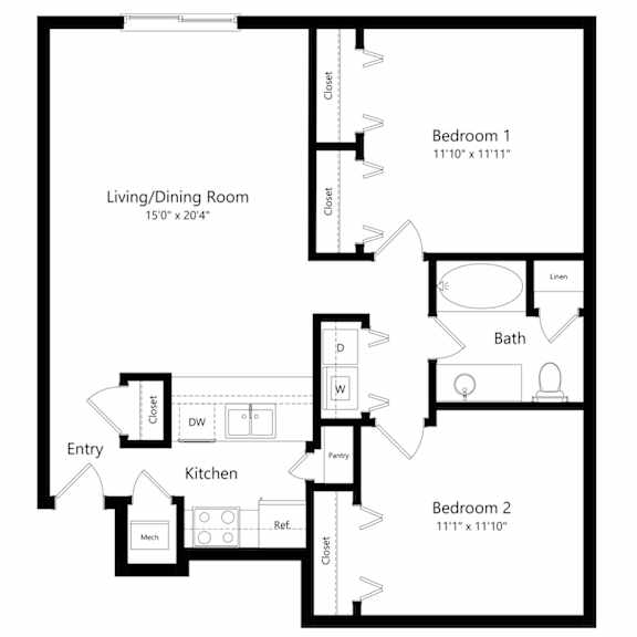 Thumbnail 1 of 17 the 2-bedroom, 1-bathroom, 957 square feet Stanton floor plan at Pine Lake Heights apartments in Lincoln, NE