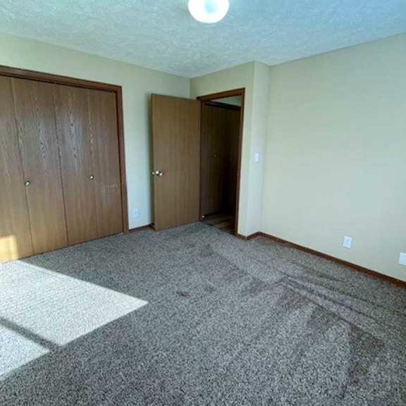 Thumbnail 12 of 17 a bedroom with a carpeted floor and two side-by-side closets