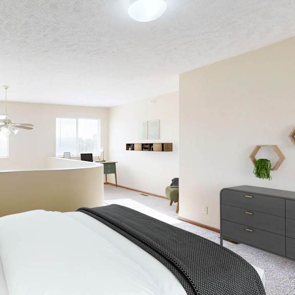 Thumbnail 35 of 40 A bedroom with a large bed, a ceiling fan, and large windows
