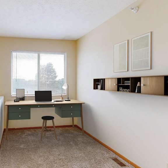 Thumbnail 39 of 40 A room with a desk and a chair in it.