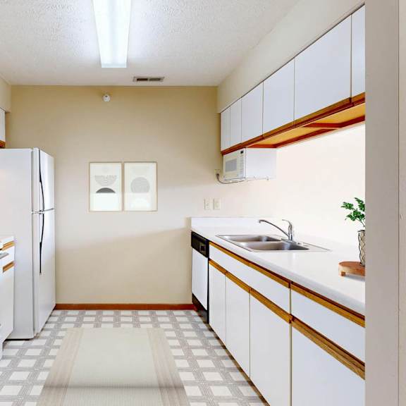 Thumbnail 7 of 40 A kitchen with white appliances and wooden accents.