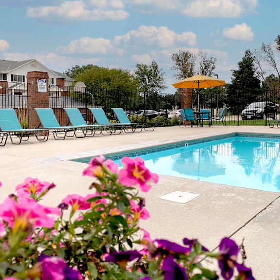 a pool surrounded by chairs and flowers with a building in the background.