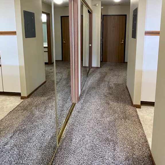 Thumbnail 2 of 13 a hallway with a carpeted floor and multiple closets with mirrored doors, and a entry doorway