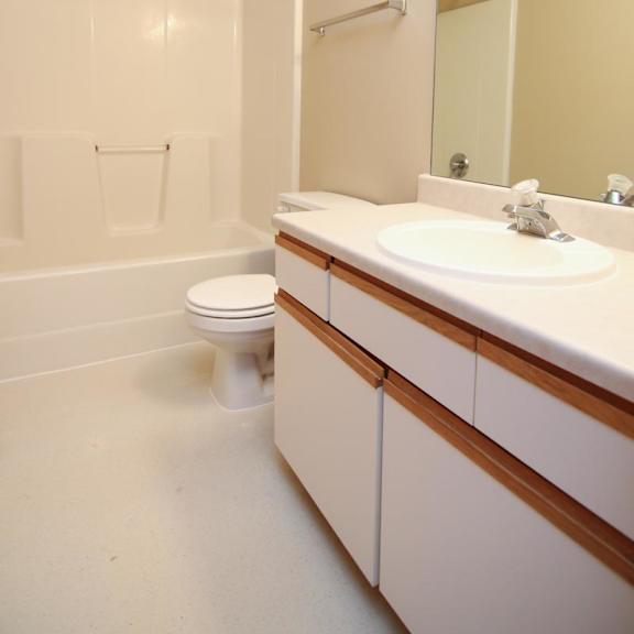 Thumbnail 12 of 13 A bathroom with a toilet, sink, and mirror.