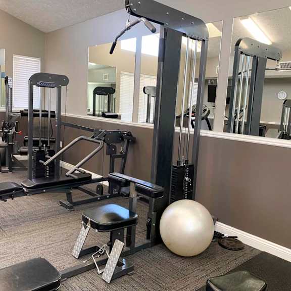 a gym with weights and mirrors in a treatment room