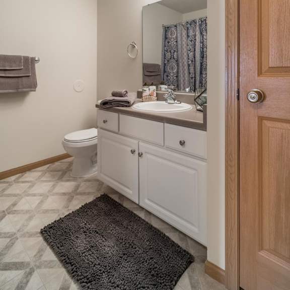 Thumbnail 11 of 11 A bathroom with a toilet, sink, mirror, and a rug.