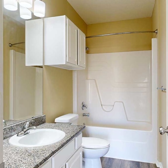 Thumbnail 18 of 28 a bathroom with a granite vanity sink, overhead cabinet, and a tub shower