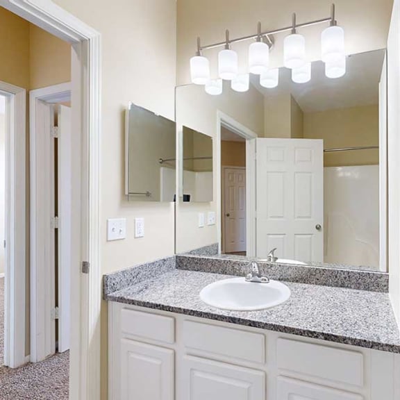 Thumbnail 22 of 28 a bathroom featuring a granite countertop vanity, a large mirror, and ample storage space
