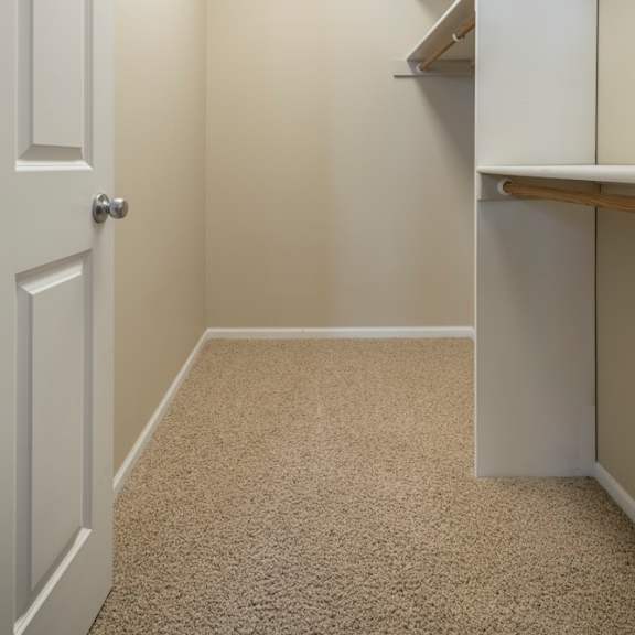 Thumbnail 15 of 16 A white door is on the left of a hallway with a carpeted floor.