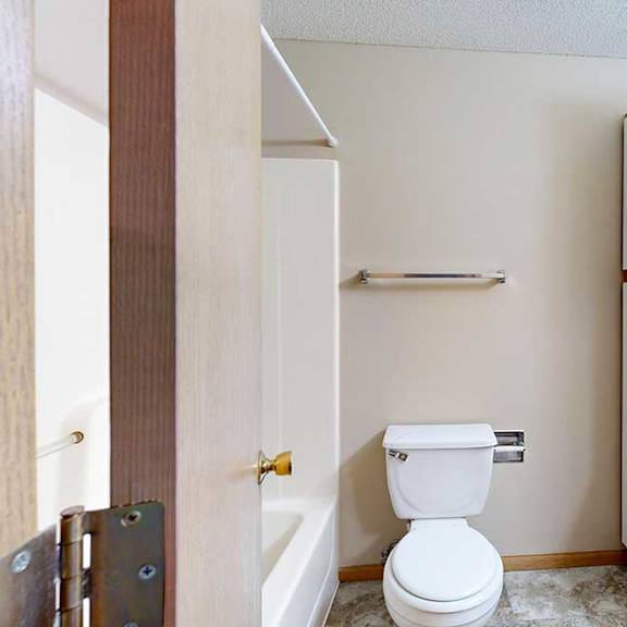 Thumbnail 19 of 31 Apartment bathroom with single-sink vanity, wood-trim cabinets, large mirror, and tub-shower combination.