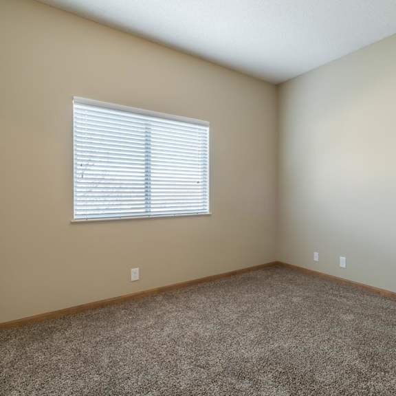 Thumbnail 14 of 16 A room with a carpeted floor and a window with blinds.